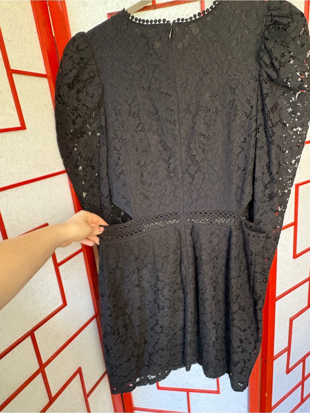 Express Black Lace Long-Sleeve Puff Dress with Waist Cutouts - Picture 6 of 12